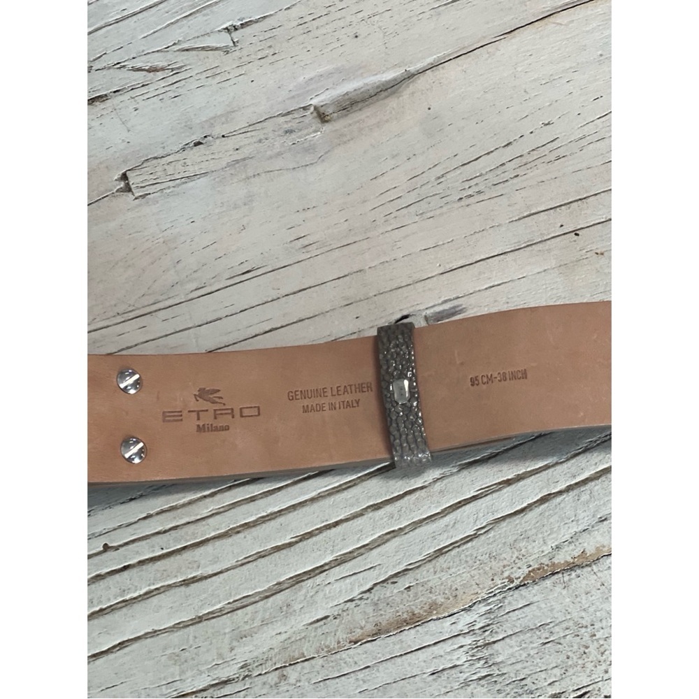 Etro Milano Stingray Metro Belt  Gray Leather Ornate Silver Buckle Size 38 inch - Picture 5 of 12